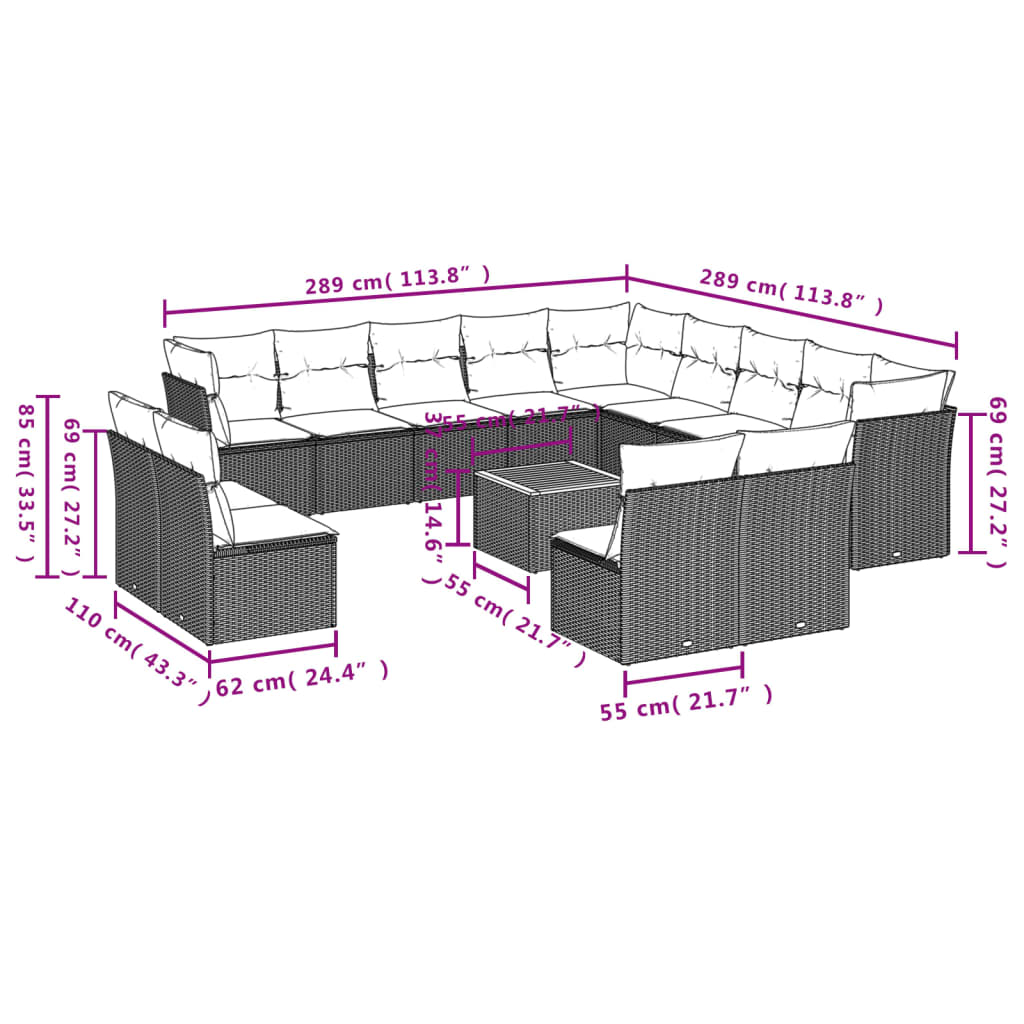 14-delige Loungeset met kussens poly rattan beige