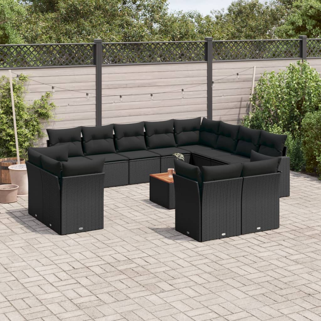 13-delige Loungeset met kussens poly rattan zwart