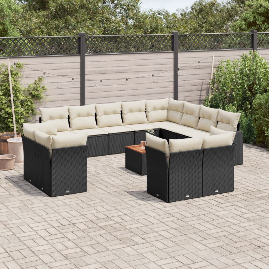 13-delige Loungeset met kussens poly rattan zwart