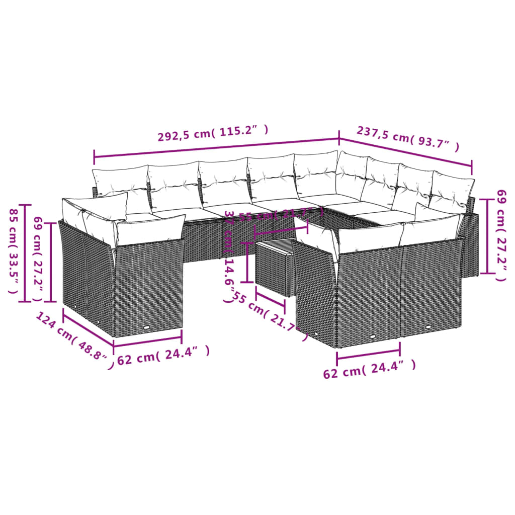 13-delige Loungeset met kussens poly rattan zwart