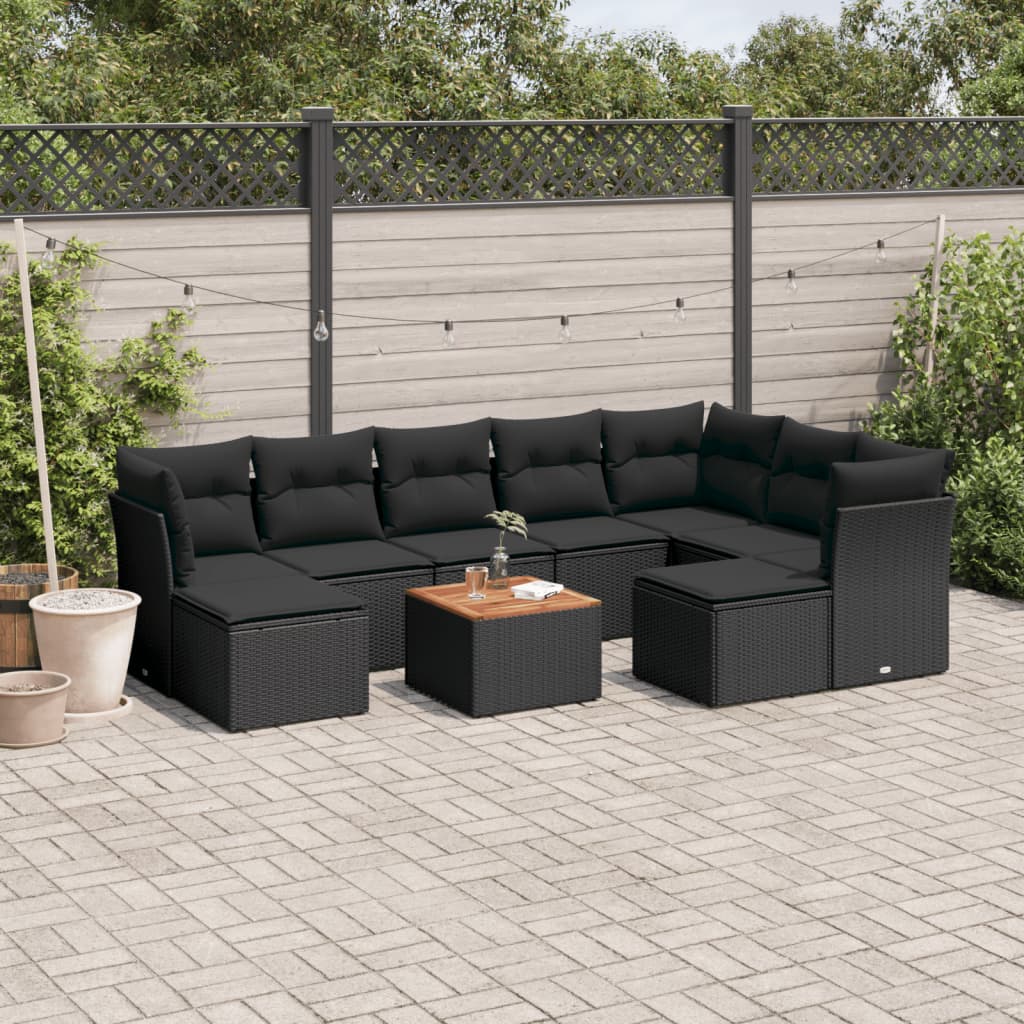 10-delige Loungeset met kussens poly rattan zwart