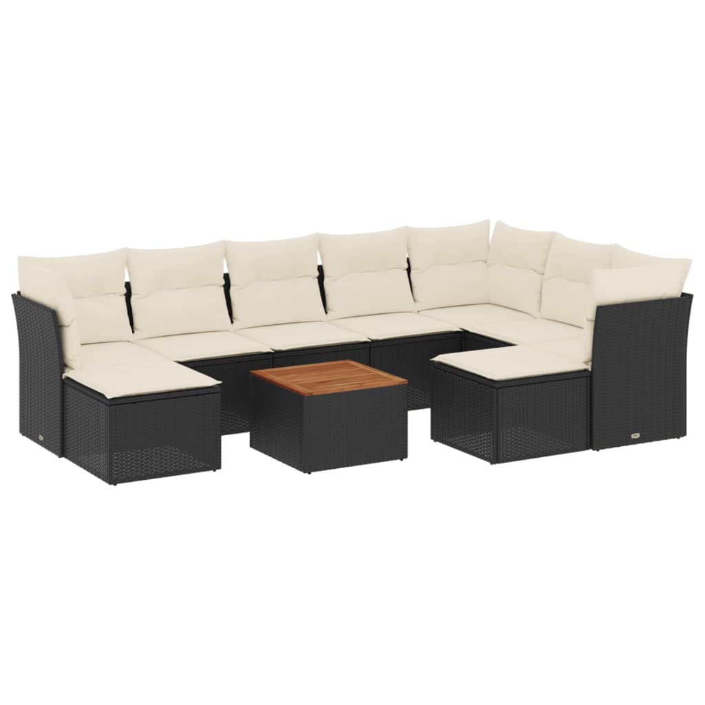 10-delige Loungeset met kussens poly rattan zwart