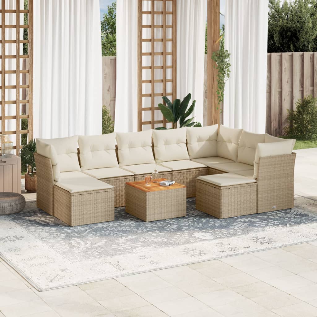 10-delige Loungeset met kussens poly rattan zwart