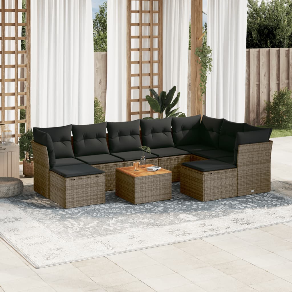 10-delige Loungeset met kussens poly rattan zwart