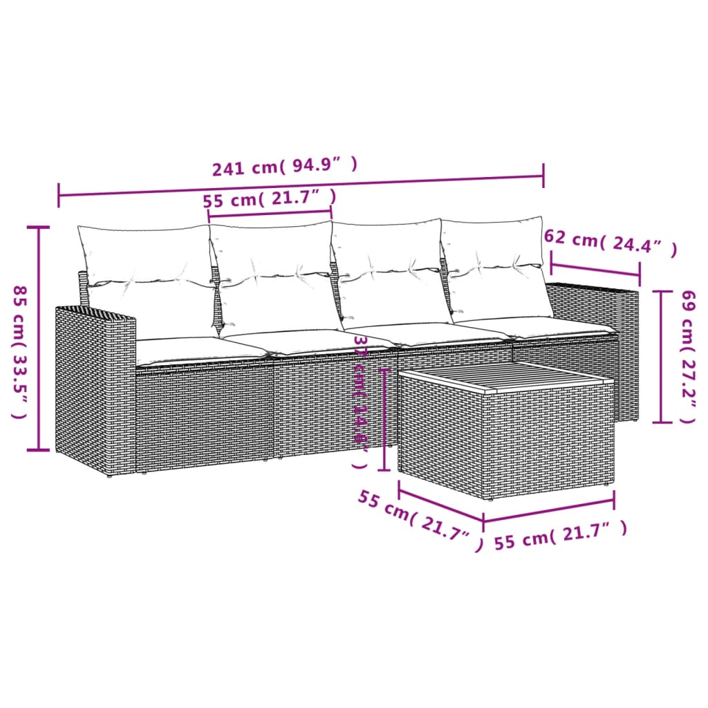 5-delige Loungeset met kussens poly rattan