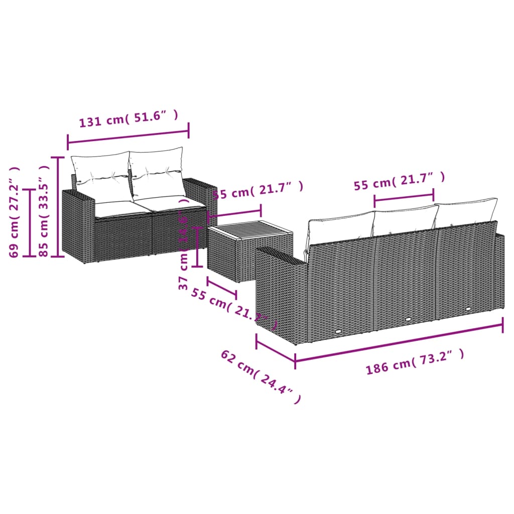 6-delige Loungeset met kussens poly rattan