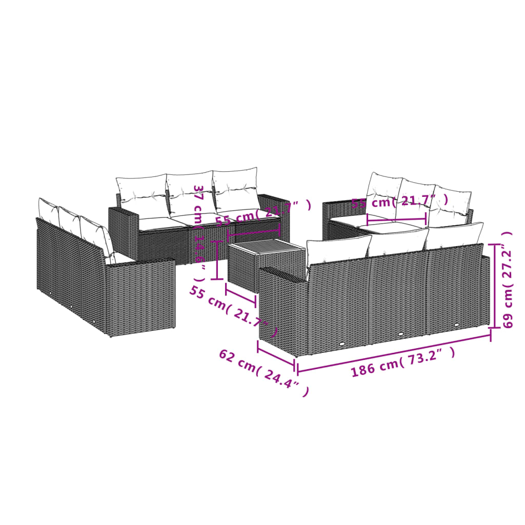 13-delige Loungeset met kussens poly rattan beige