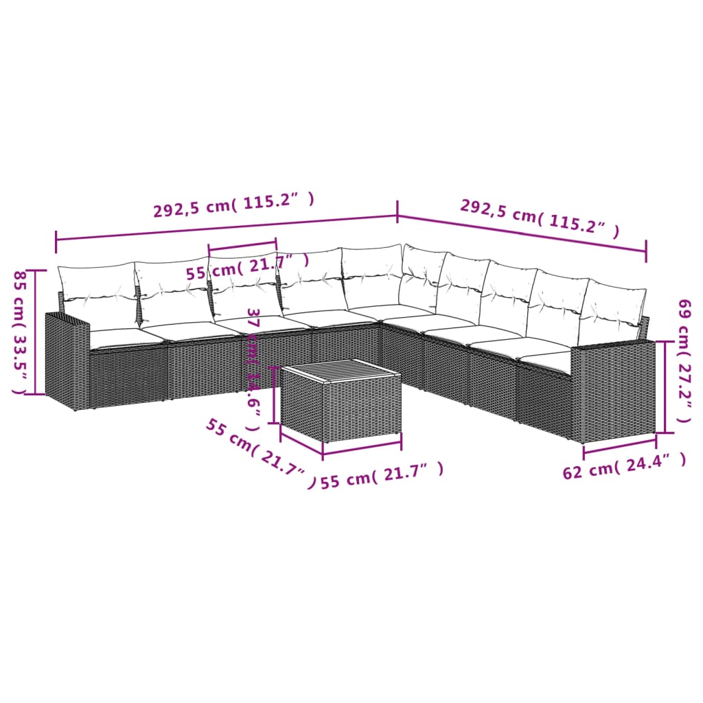 10-delige Loungeset met kussens poly rattan grijs