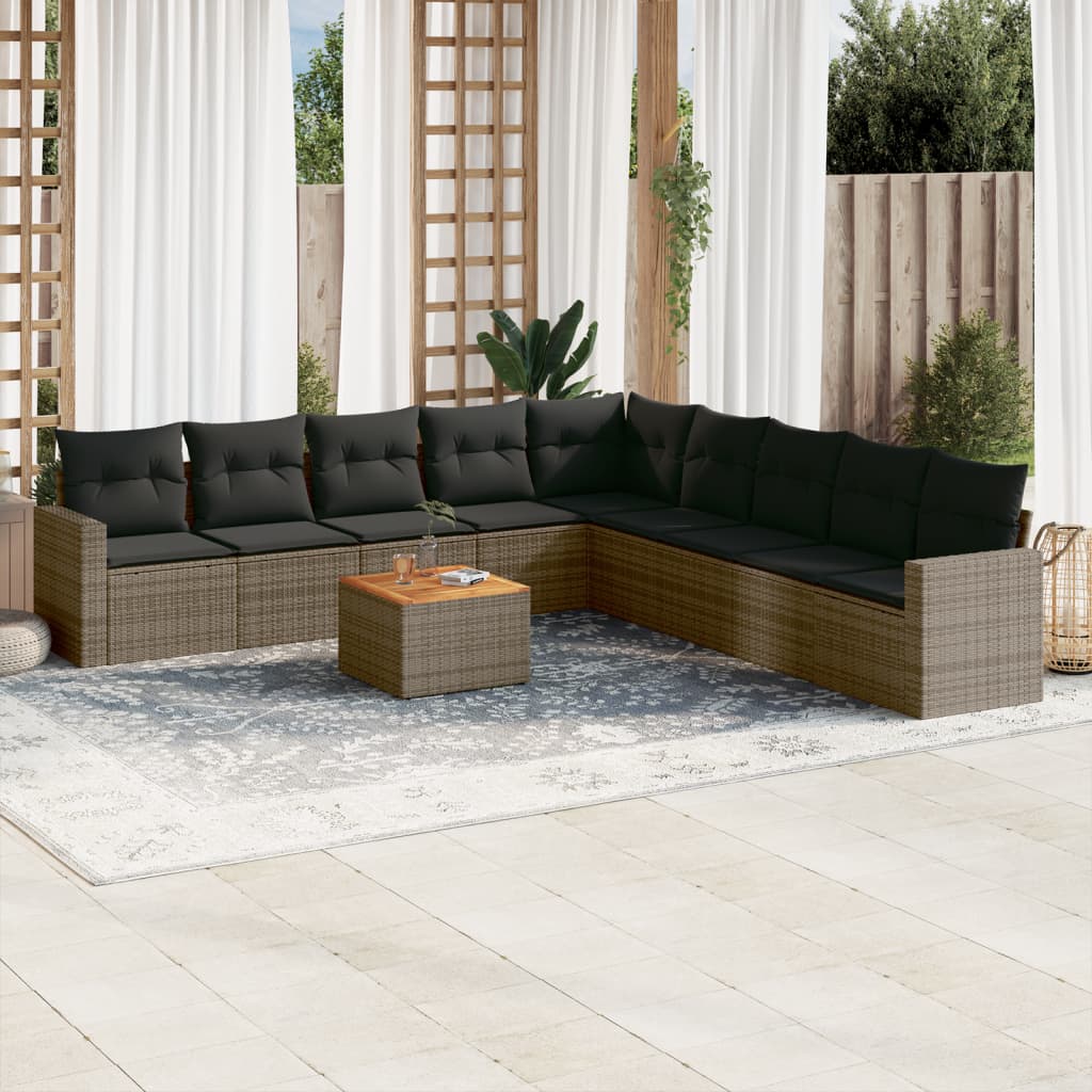 10-delige Loungeset met kussens poly rattan grijs