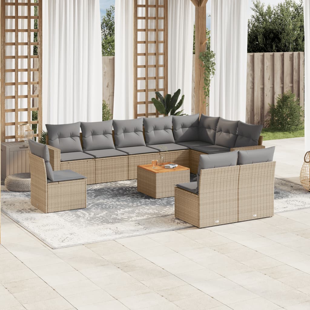 11-delige Tuinset met kussens poly rattan beige