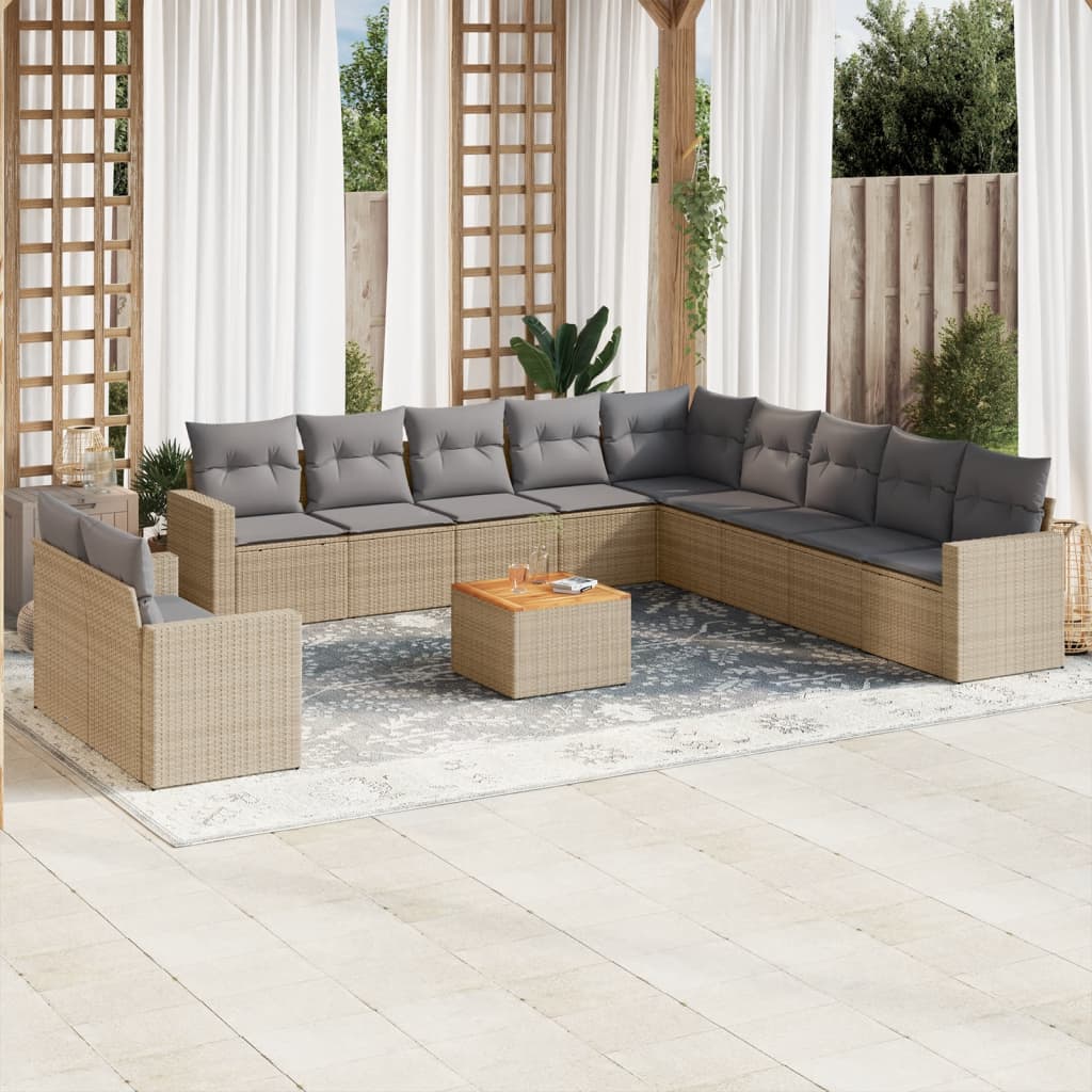 12-delige Loungeset met kussens poly rattan beige