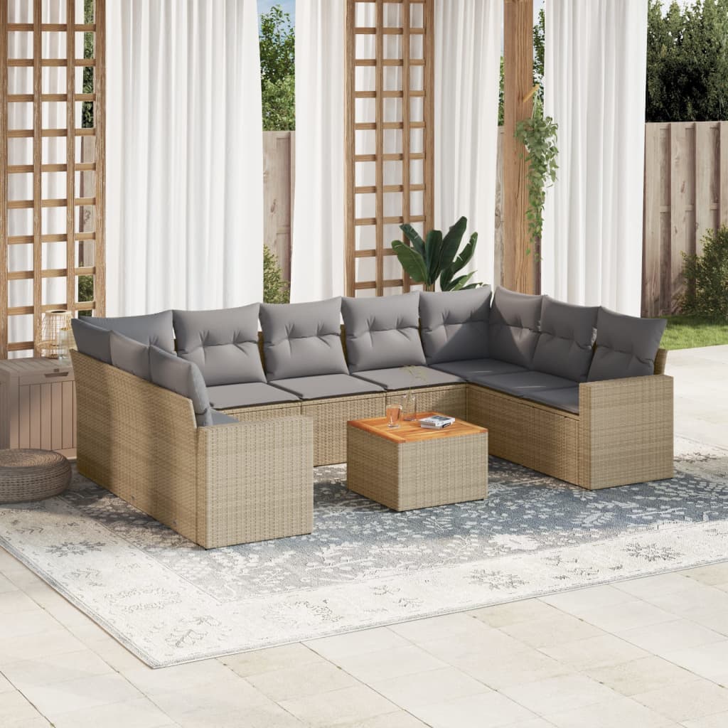 10-delige Loungeset met kussens poly rattan beige