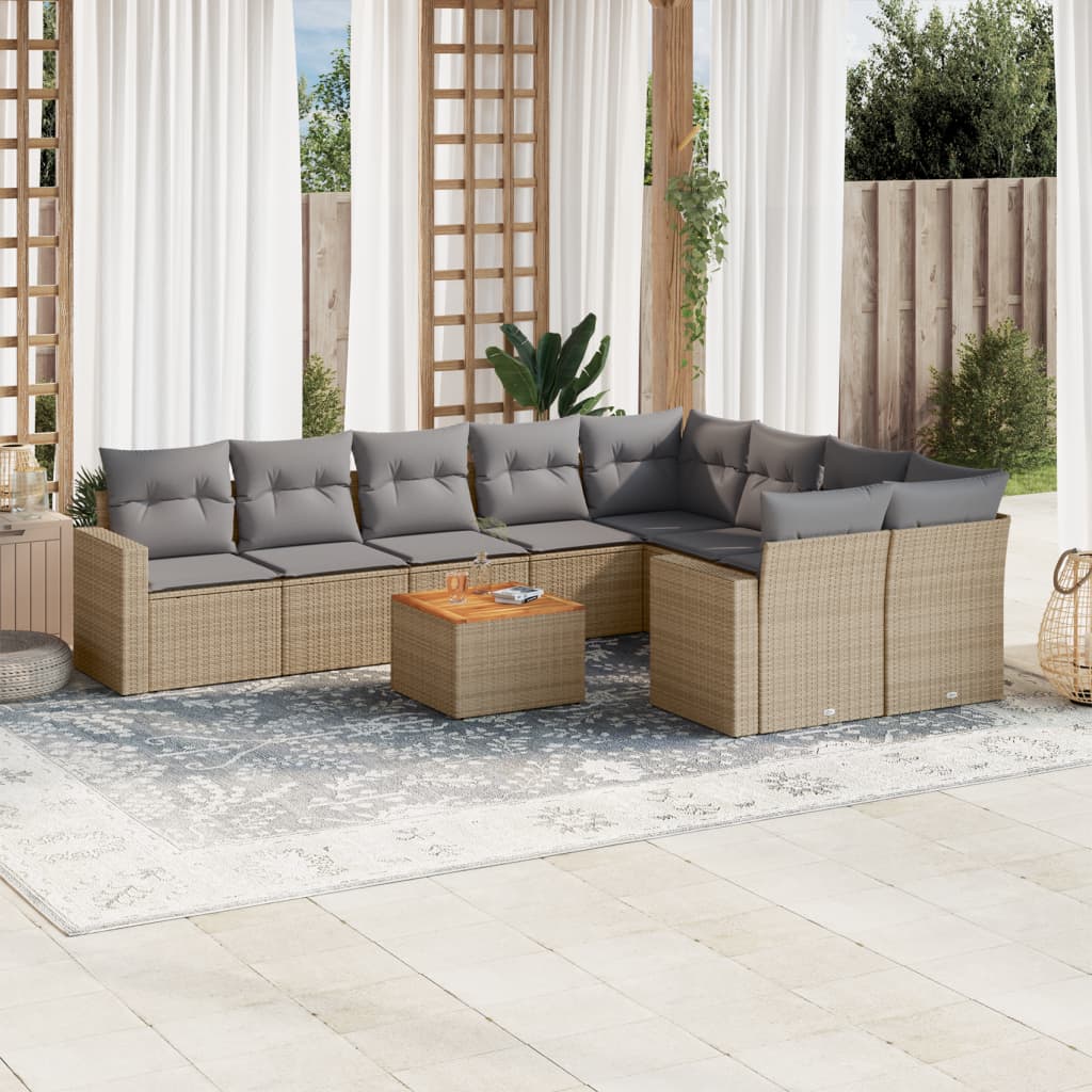 10-delige Loungeset met kussens poly rattan beige