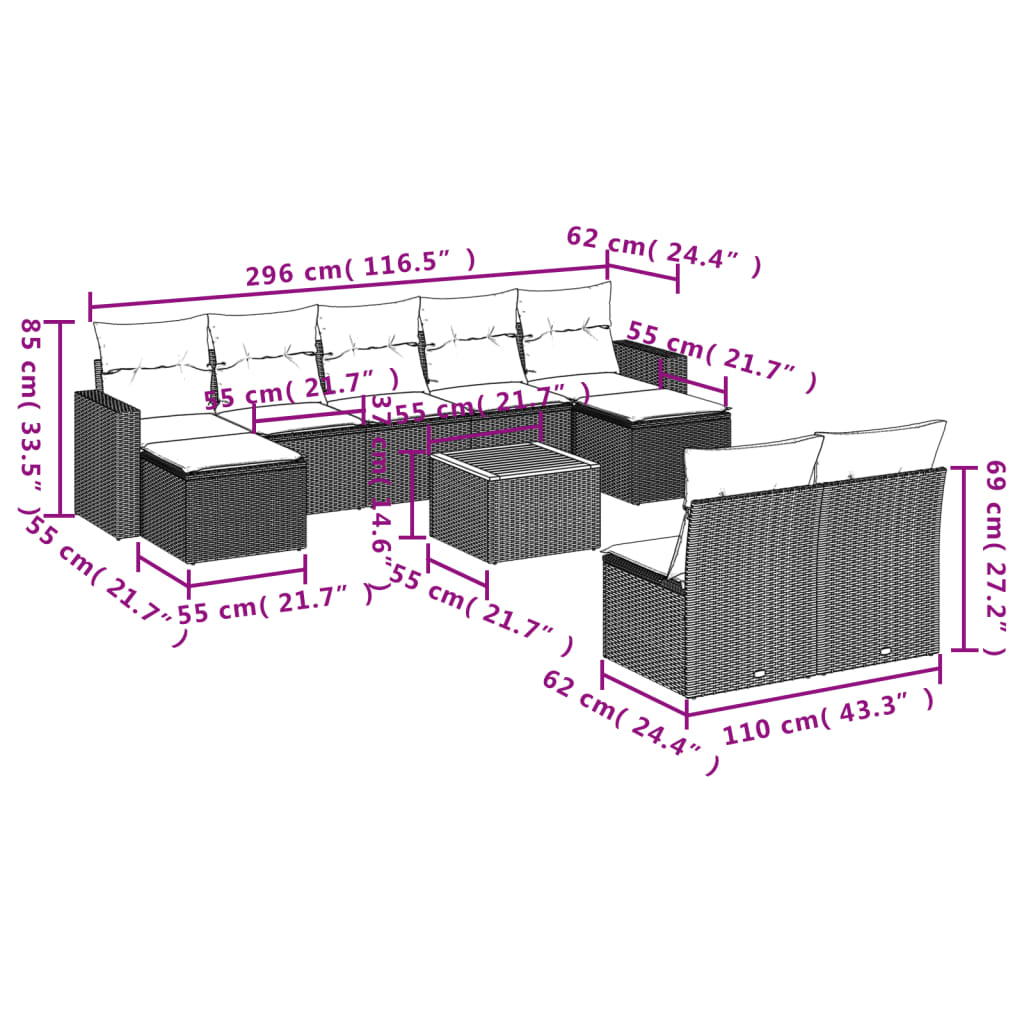 10-delige Loungeset met kussens poly rattan grijs