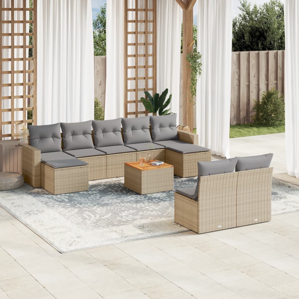 10-delige Loungeset met kussens poly rattan grijs