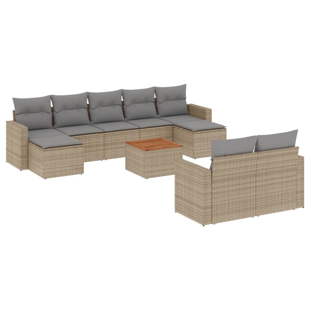 10-delige Loungeset met kussens poly rattan beige