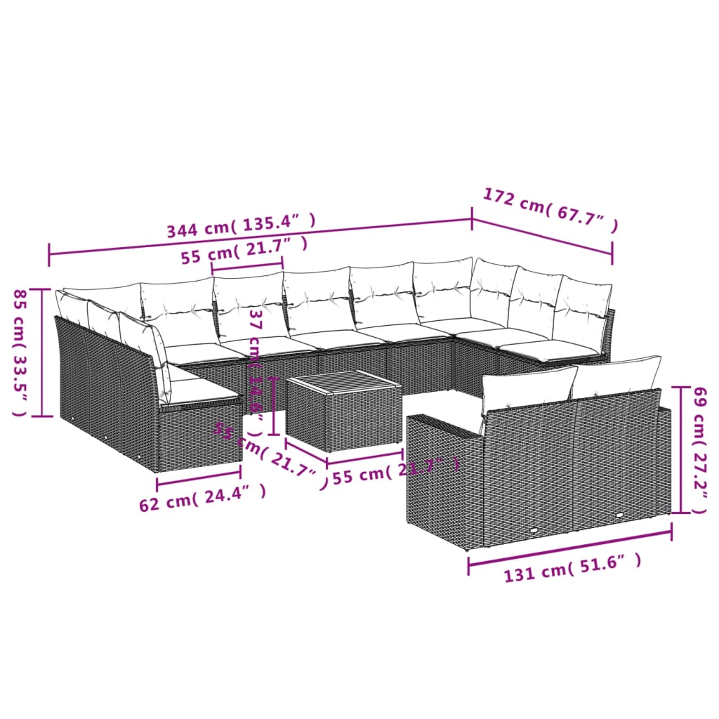 13-delige Loungeset met kussens poly rattan beige