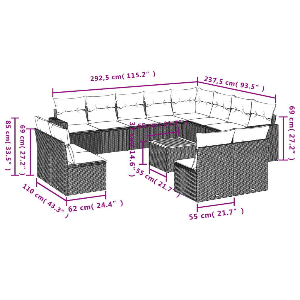 13-delige Loungeset met kussens poly rattan zwart