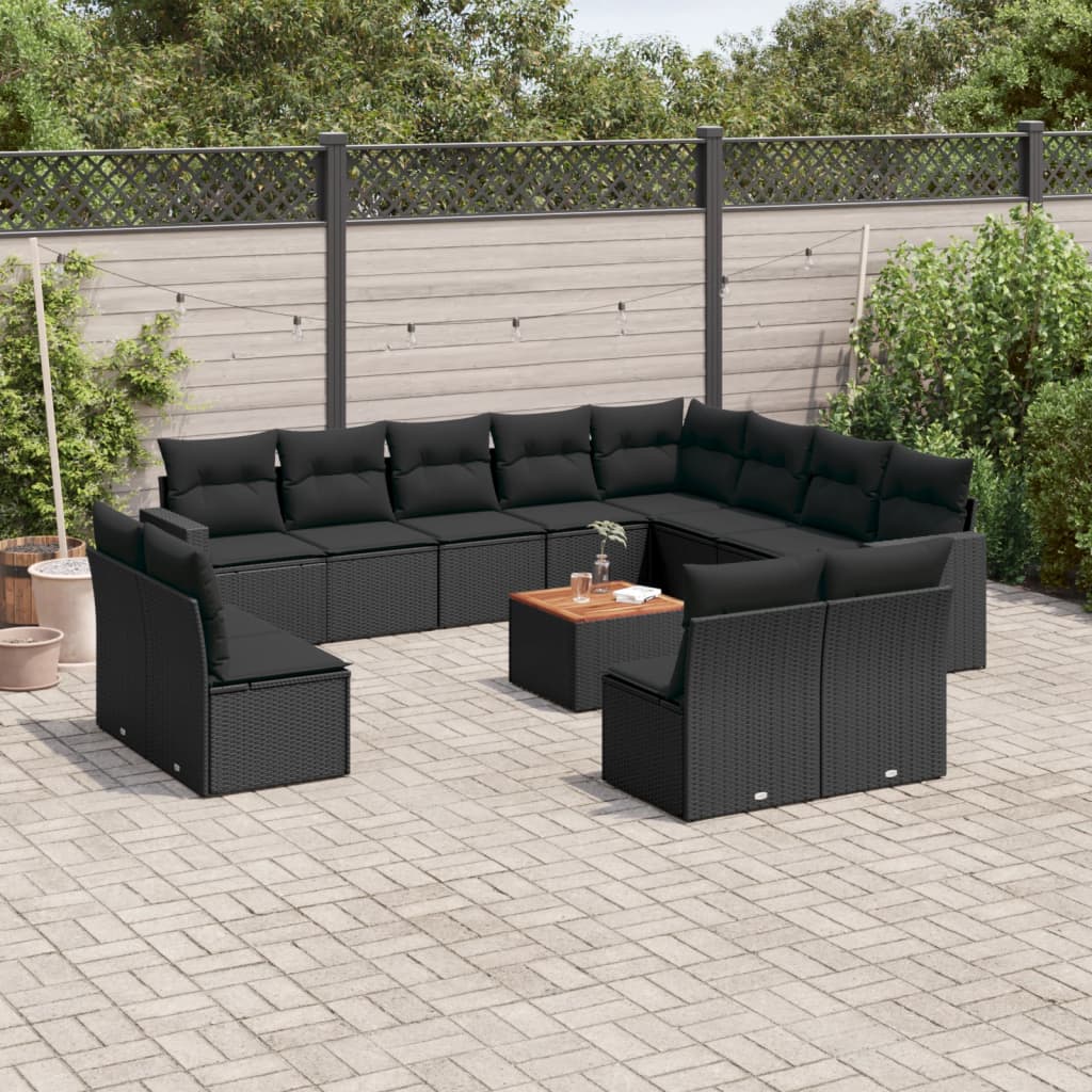 13-delige Loungeset met kussens poly rattan zwart