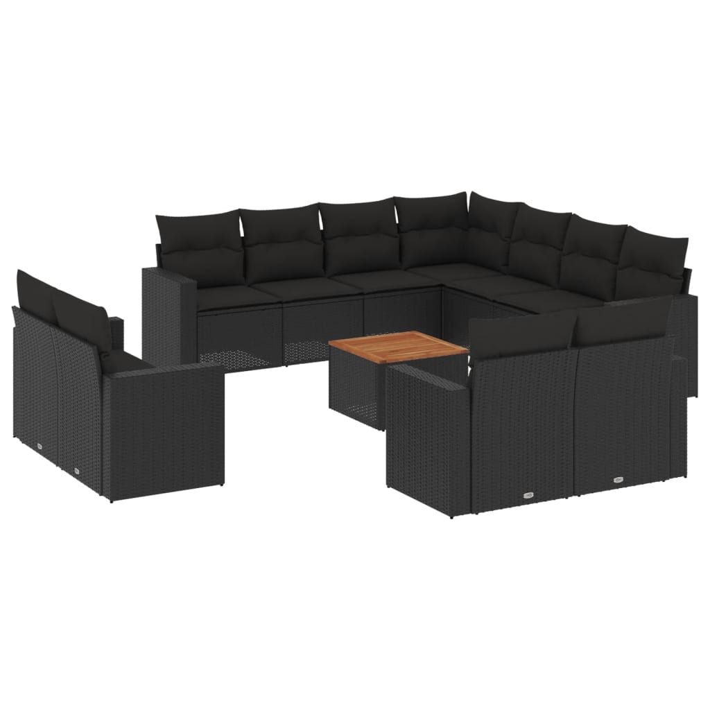 12-delige Loungeset met kussens poly rattan zwart