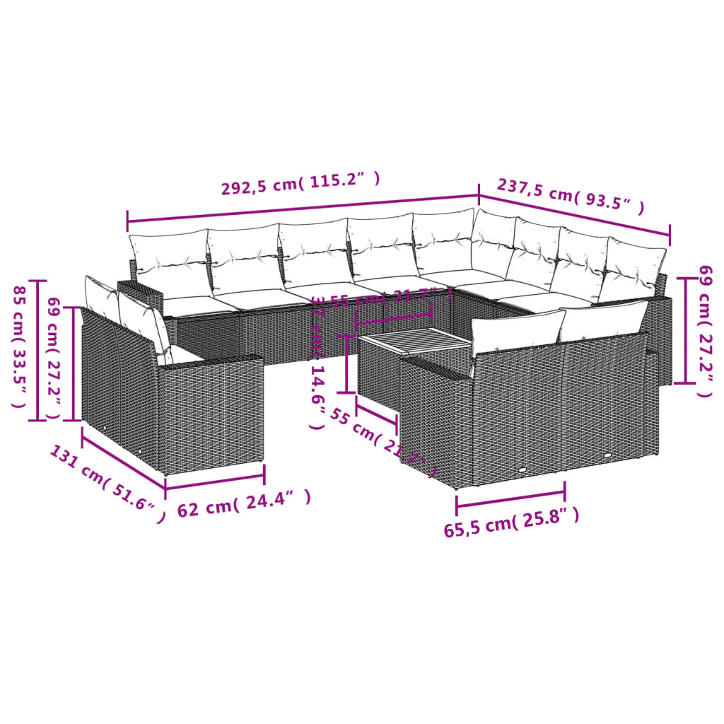 13-delige Loungeset met kussens poly rattan beige