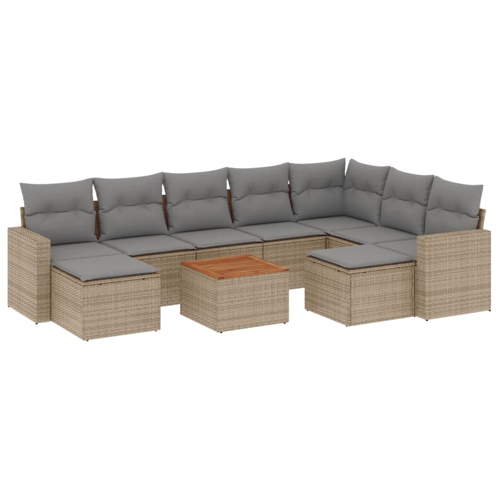 10-delige Loungeset met kussens poly rattan beige