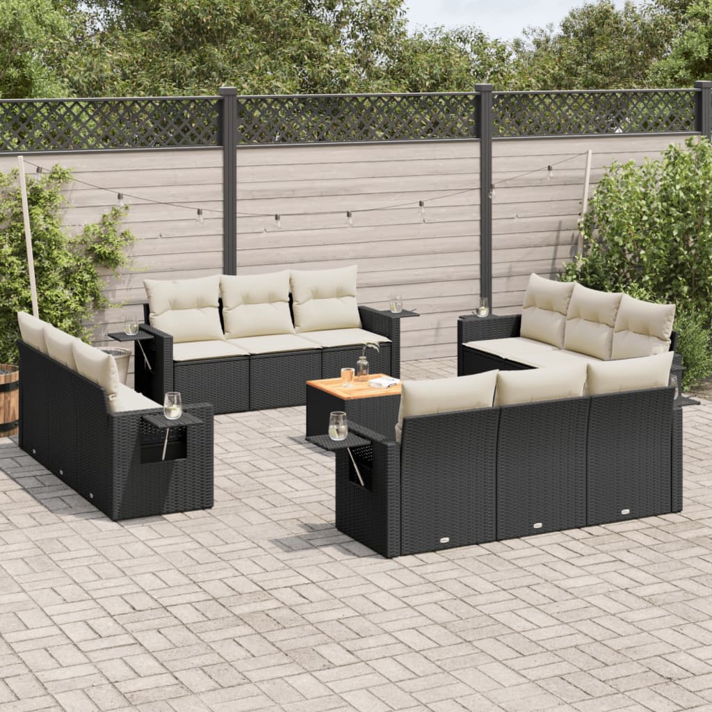 13-delige Loungeset met kussens poly rattan zwart