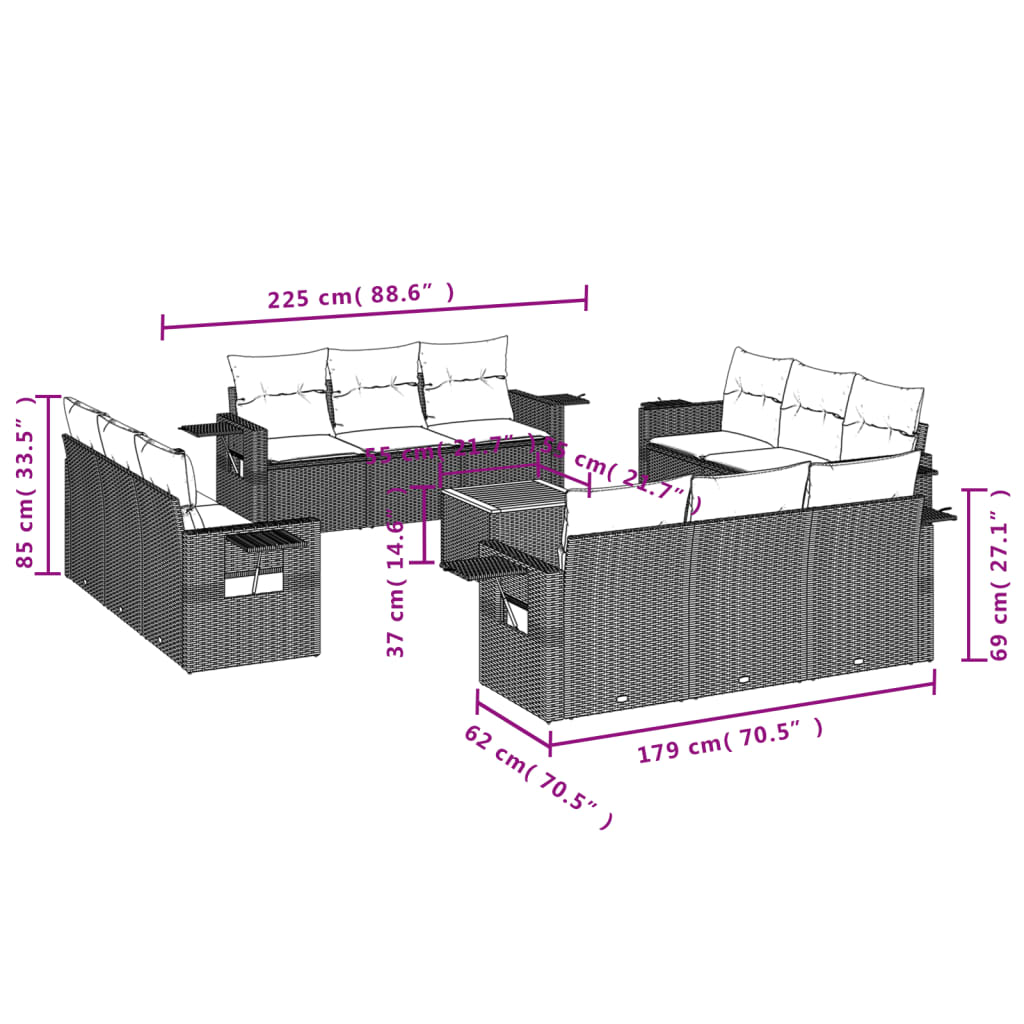 13-delige Loungeset met kussens poly rattan zwart