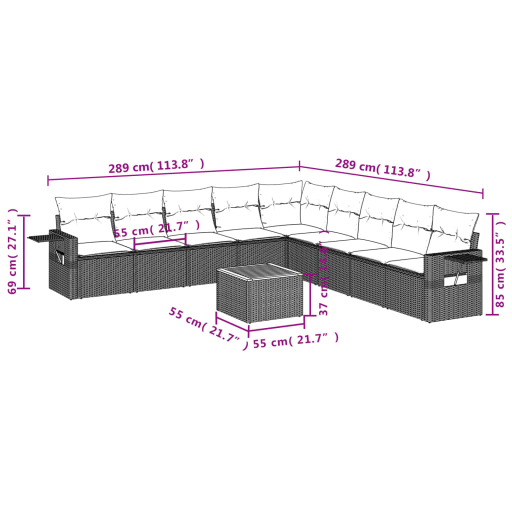 10-delige Loungeset met kussens poly rattan grijs