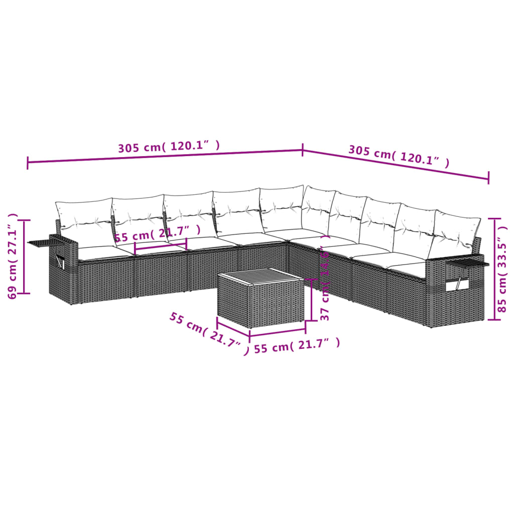 10-delige Loungeset met kussens poly rattan grijs