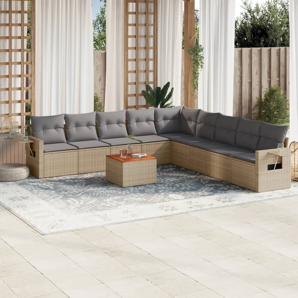 10-delige Loungeset met kussens poly rattan grijs