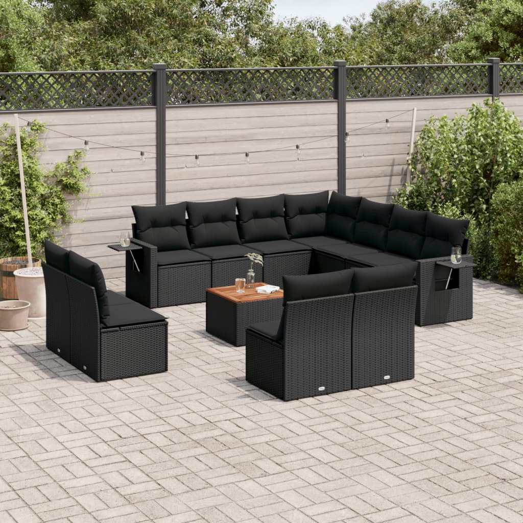 12-delige Loungeset met kussens poly rattan zwart