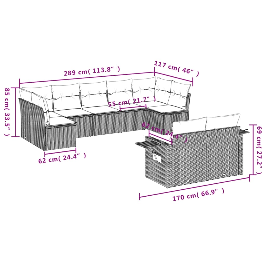 10-delige Loungeset met kussens poly rattan beige