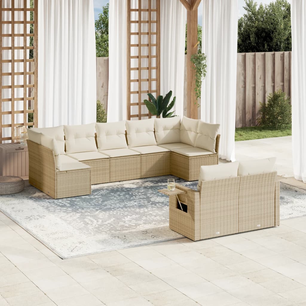 10-delige Loungeset met kussens poly rattan beige