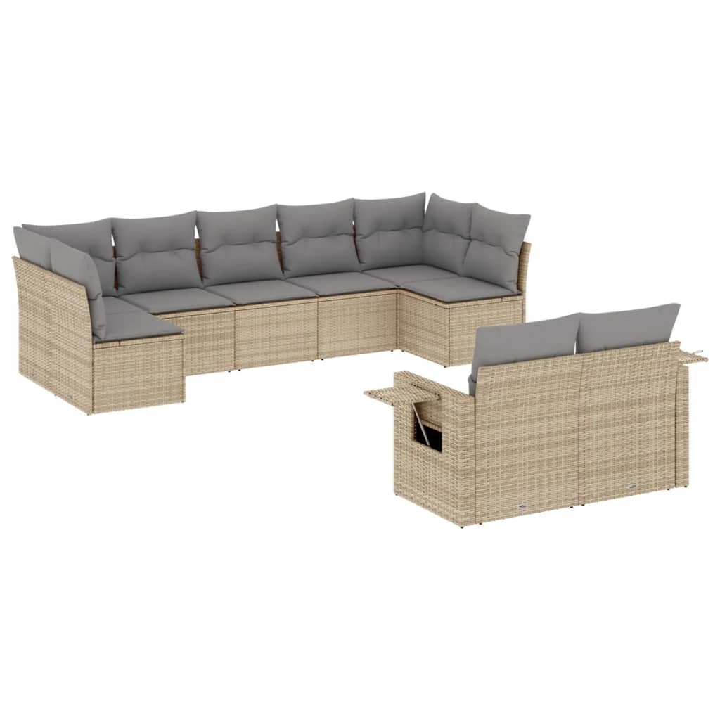 10-delige Loungeset met kussens poly rattan beige