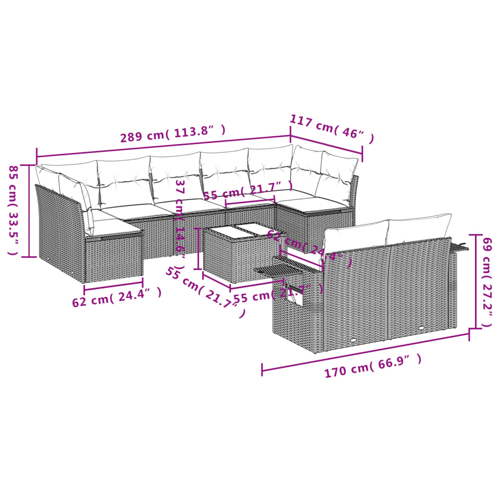 10-delige Loungeset met kussens poly rattan beige