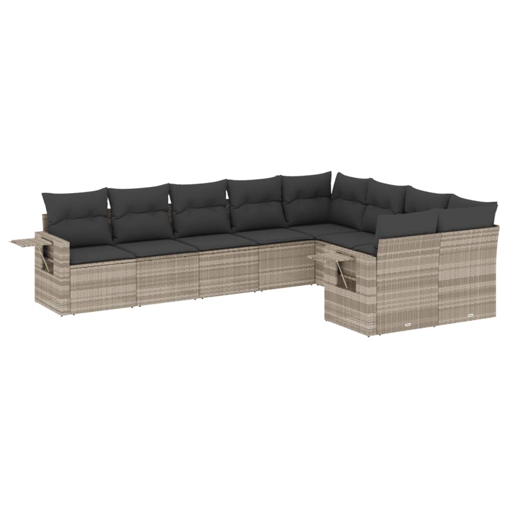 10-delige Loungeset met kussens poly rattan lichtgrijs