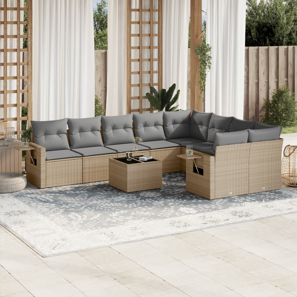 10-delige Loungeset met kussens poly rattan lichtgrijs