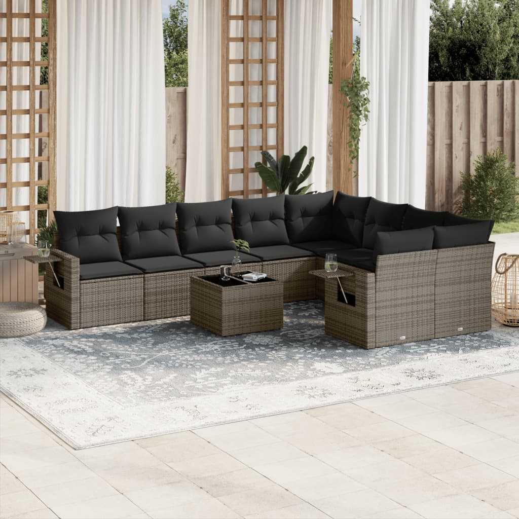 10-delige Loungeset met kussens poly rattan lichtgrijs