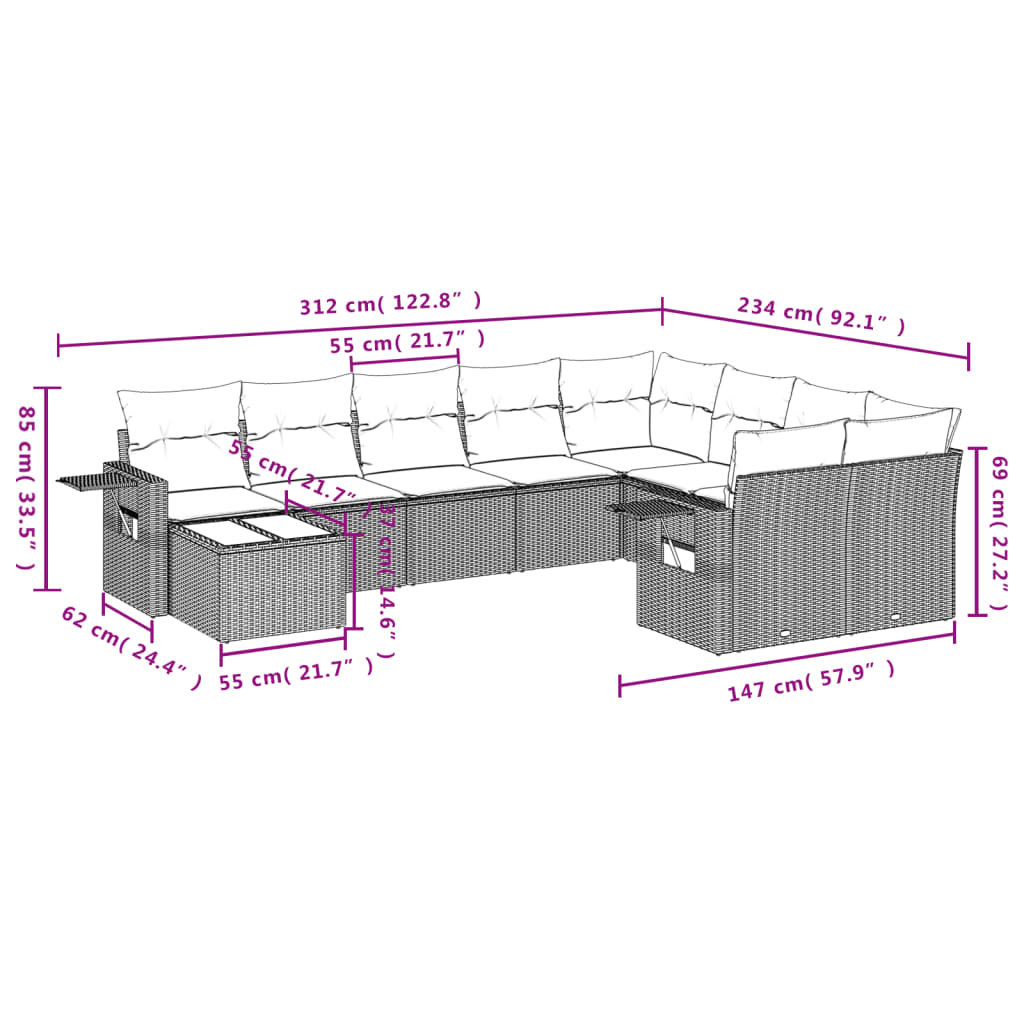 10-delige Loungeset met kussens poly rattan grijs