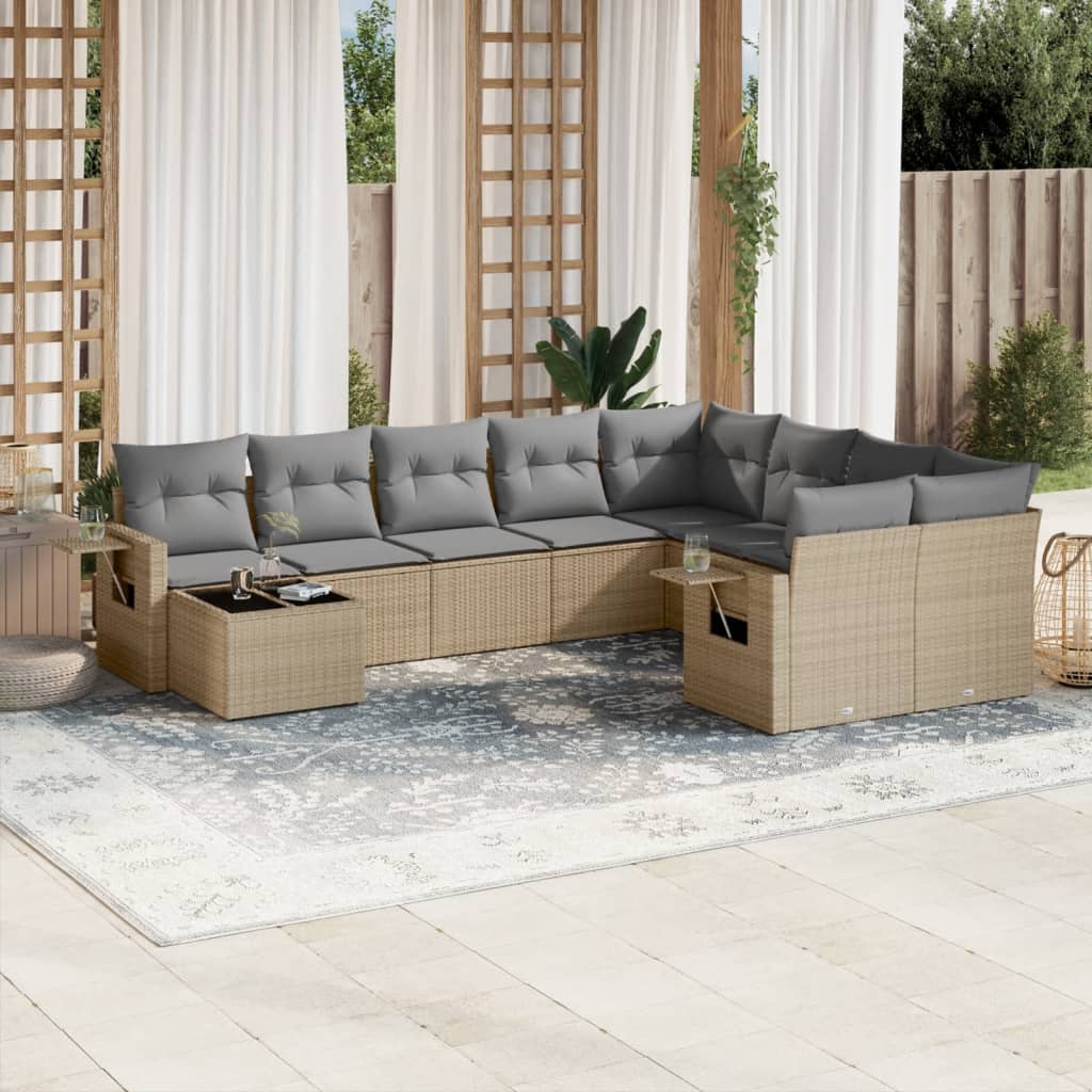 10-delige Loungeset met kussens poly rattan grijs