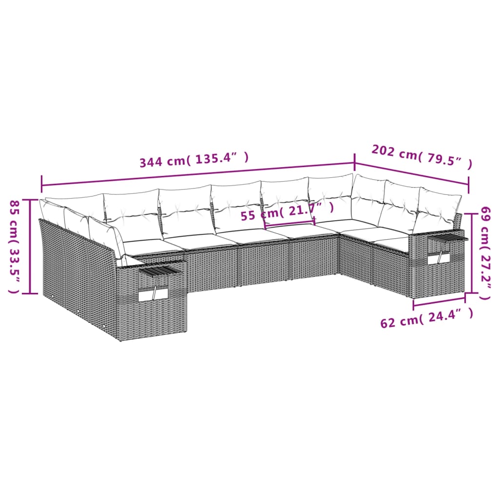 11-delige Loungeset met kussens poly rattan zwart