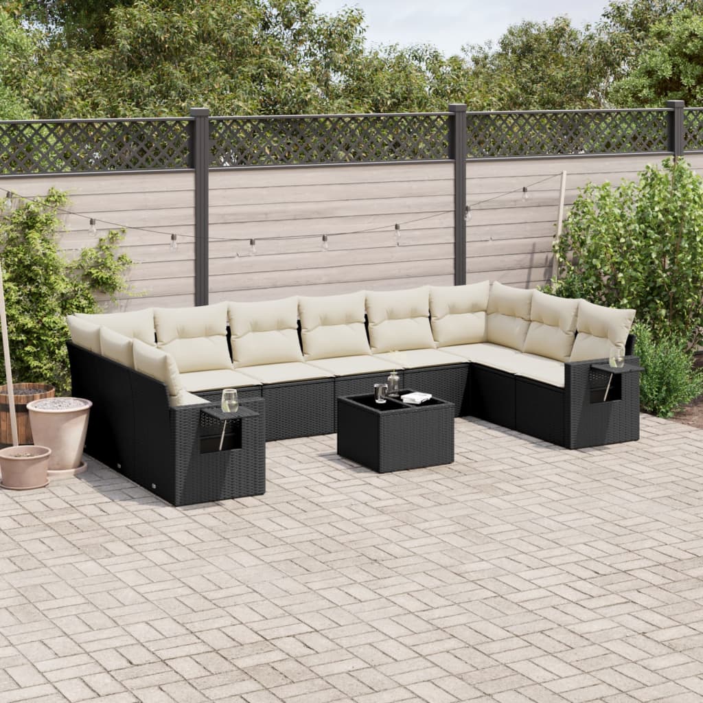 11-delige Loungeset met kussens poly rattan zwart