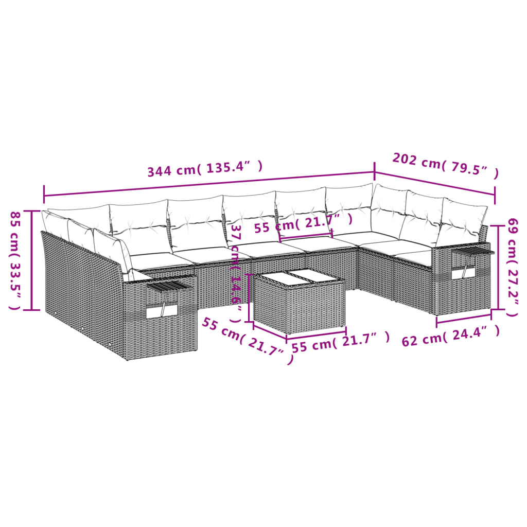 11-delige Loungeset met kussens poly rattan zwart