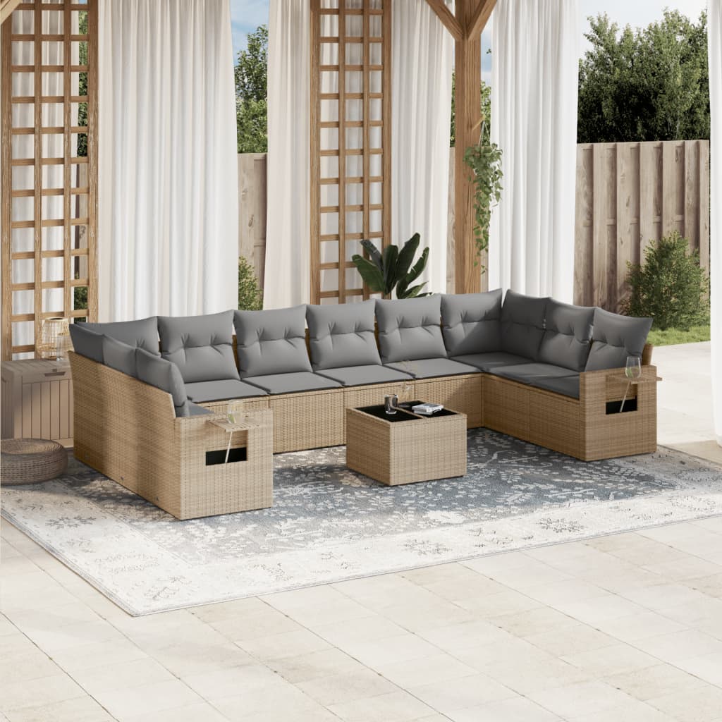 11-delige Loungeset met kussens poly rattan zwart