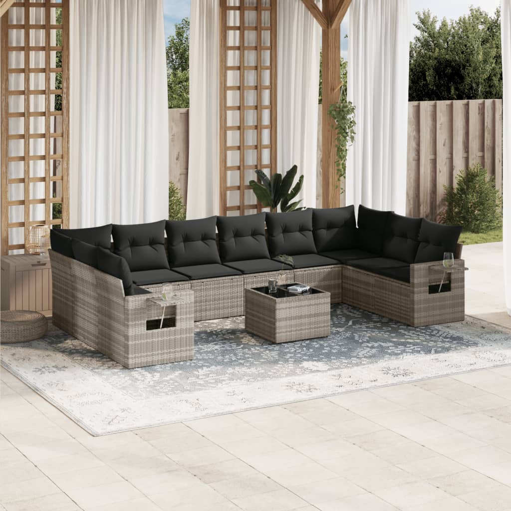 11-delige Loungeset met kussens poly rattan zwart