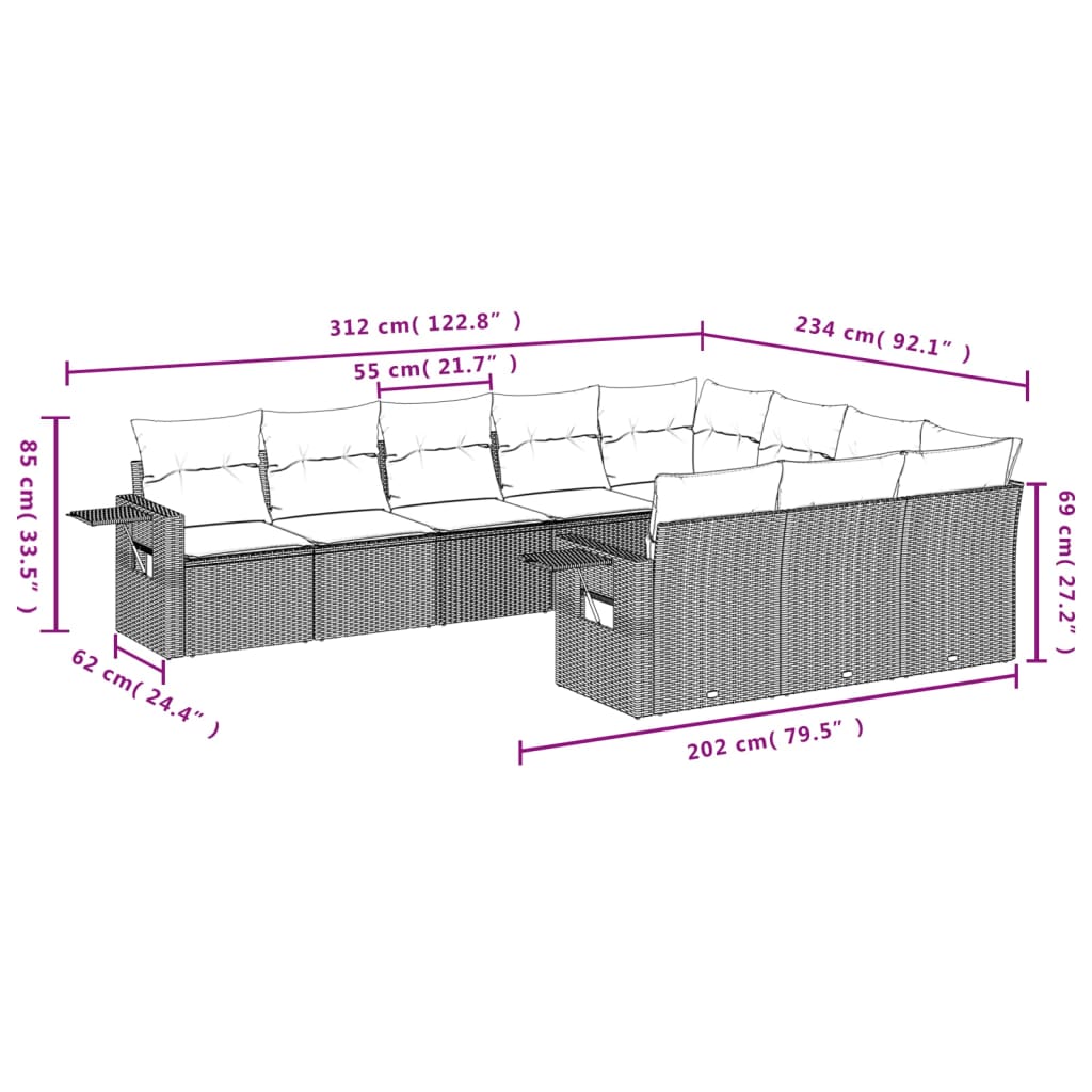 11-delige Loungeset met kussens poly rattan lichtgrijs