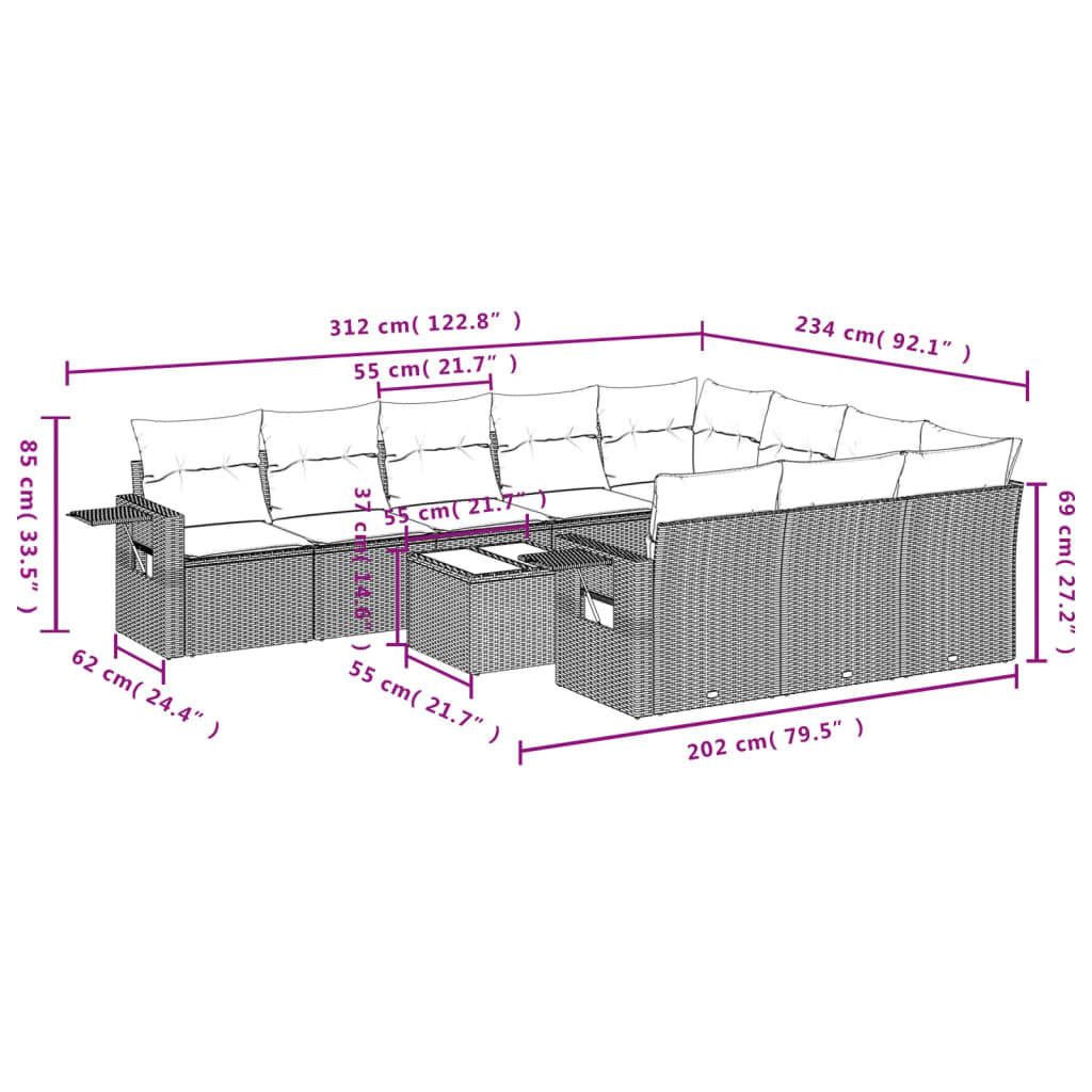 11-delige Loungeset met kussens poly rattan lichtgrijs