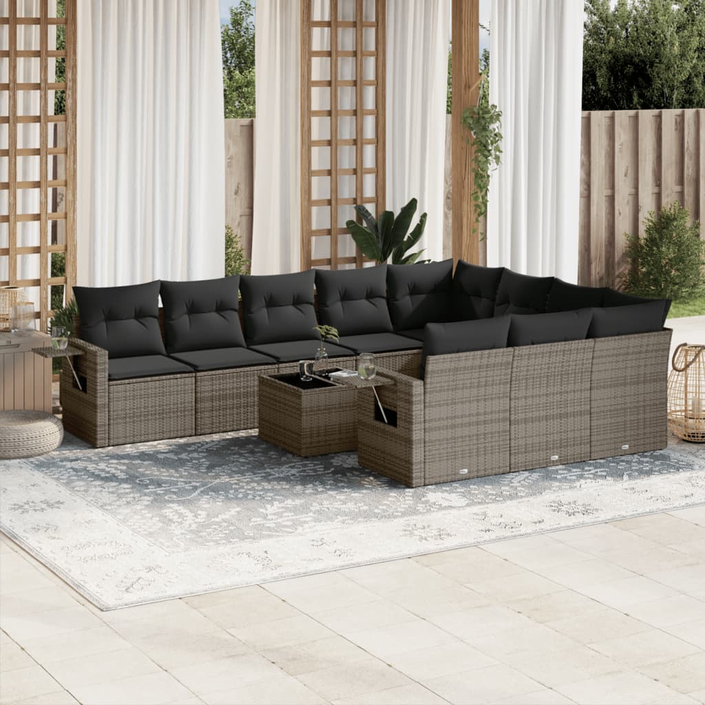 11-delige Loungeset met kussens poly rattan lichtgrijs