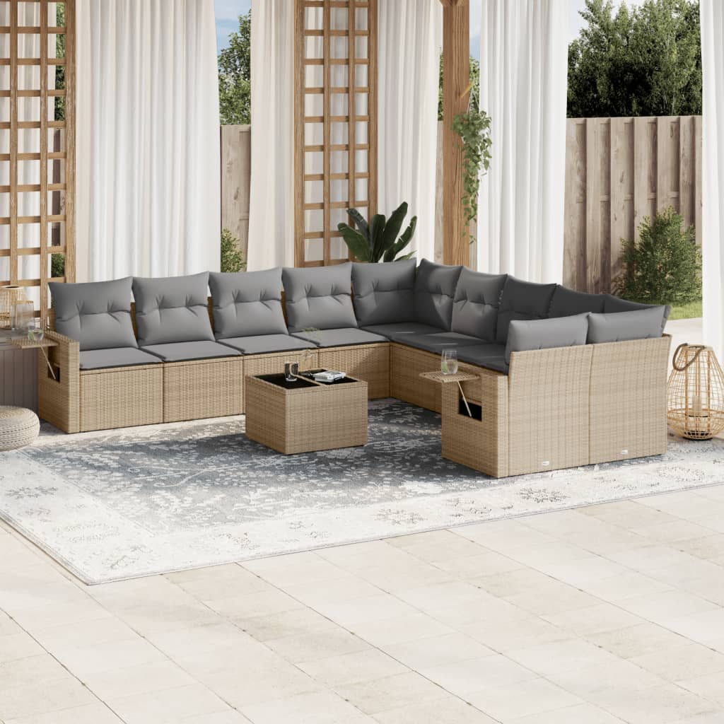 11-delige Tuinset met kussens poly rattan beige